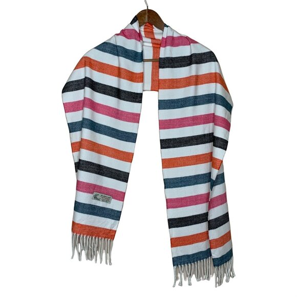 Cashmere Feel Italy Design Bold Colorful Stripe Fringe Scarf Orange Pink White - Picture 5 of 5